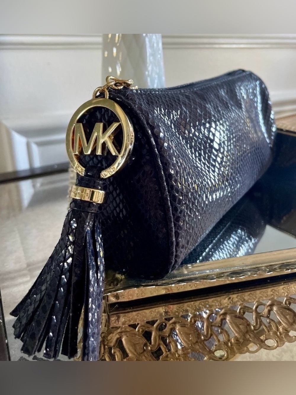 Michael Kors Black Snake-Embossed Leather Cosmetic Pouch w Gold MK Tassel EUC - Picture 14 of 15